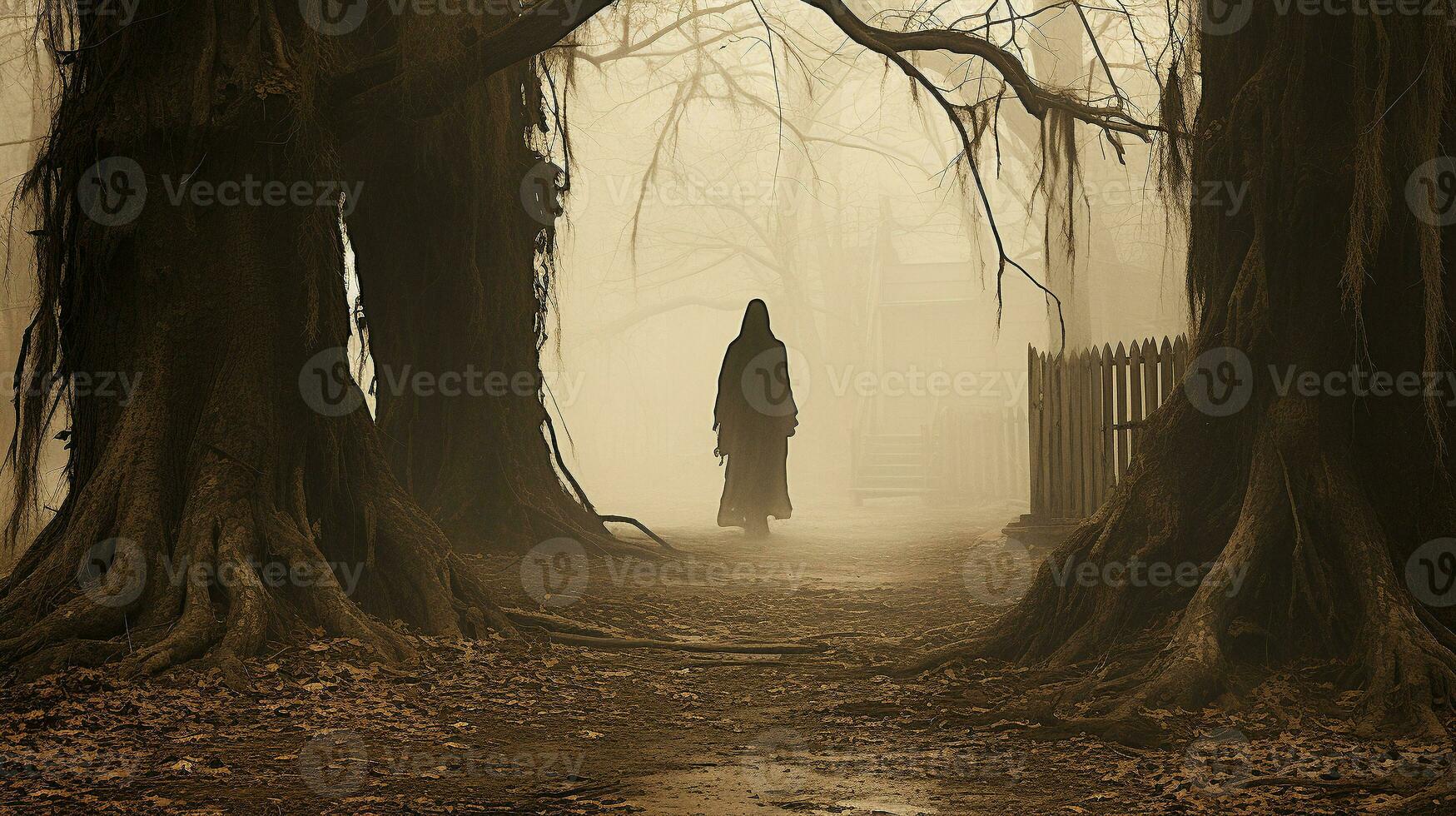 gespenstisch weiblich Zahl Silhouette Stehen oder Gehen inmitten das gespenstisch Halloween Nebel draußen - - generativ ai. foto