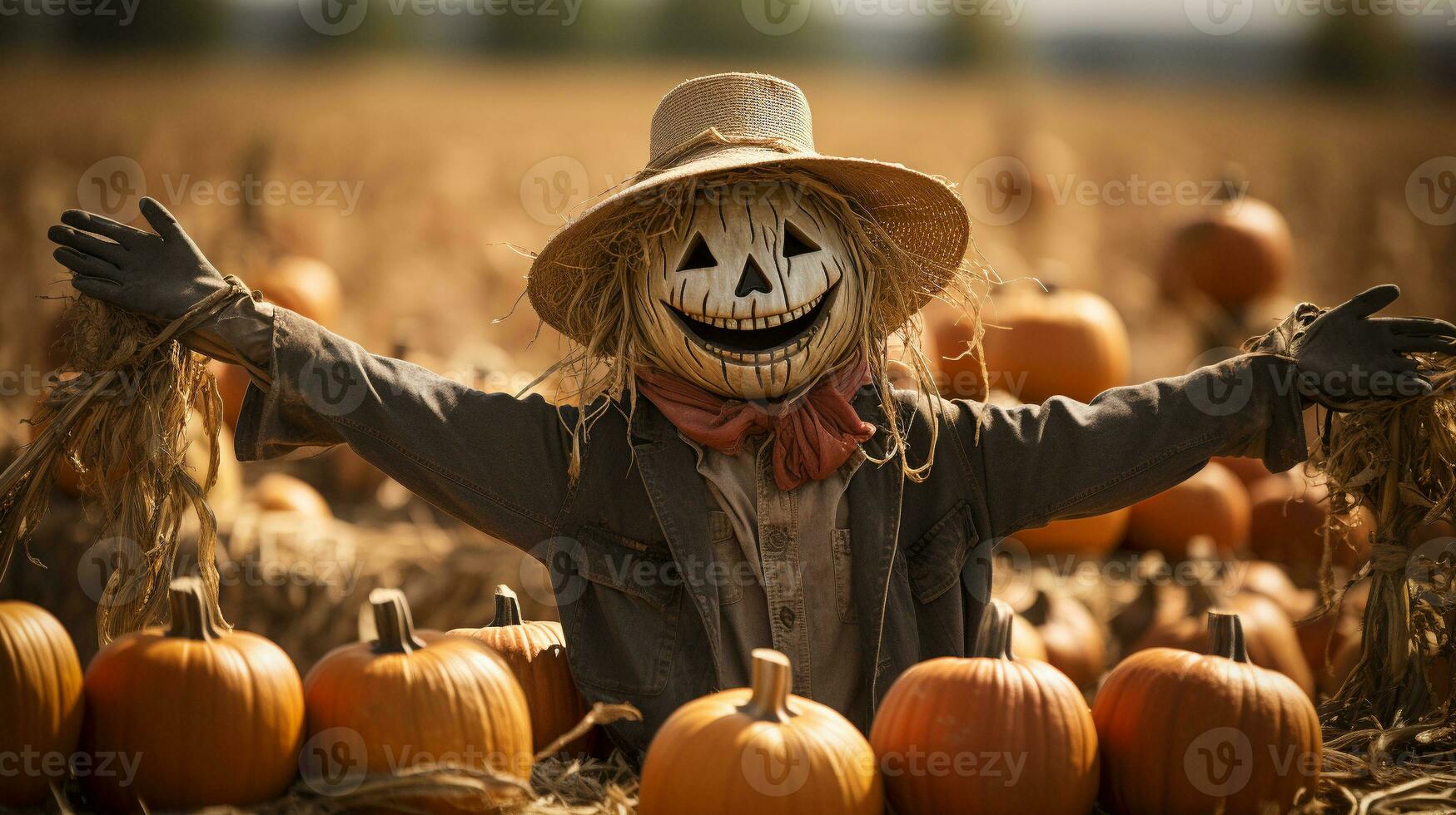 unheimlich gespenstisch Halloween Vogelscheuche Zahl Sitzung unter das Land Kürbis Patch - - generativ ai. foto