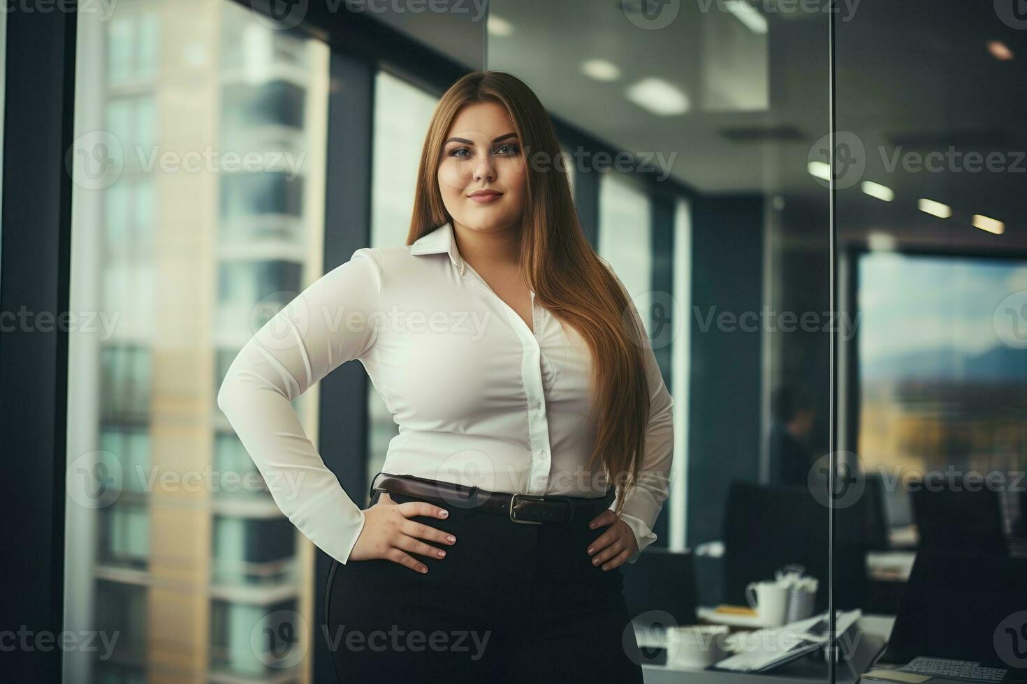 stilvoll Übergröße Frau Manager im ein Fachmann Outfit ai generativ foto