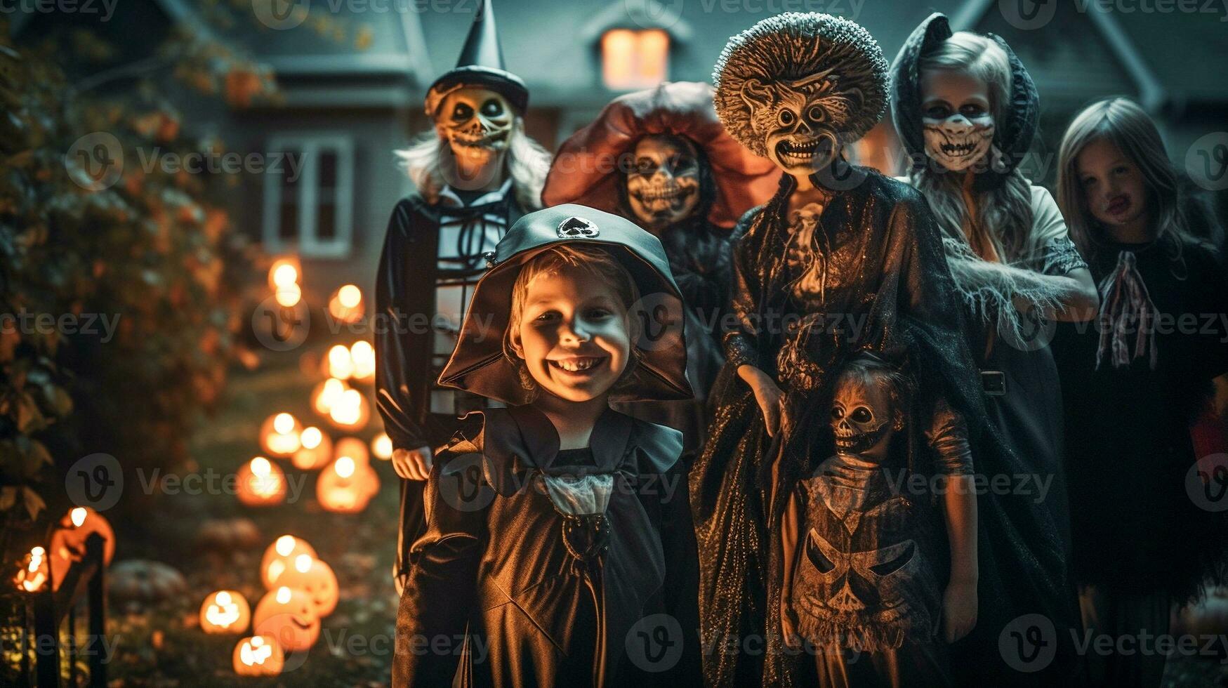 Spaß Familie gekleidet oben zum Halloween zusammen aus im das dekoriert Gegend - - generativ ai. foto