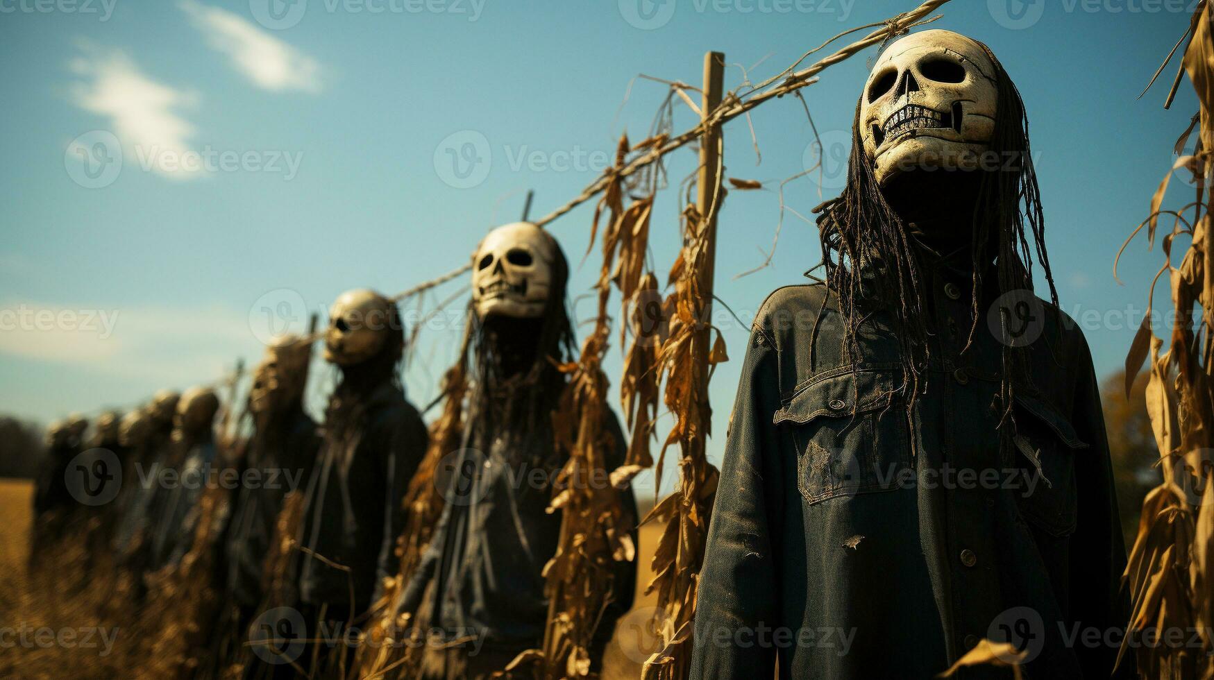 erschreckend Halloween Skelett geleitet zahlen und Körper hängend draußen im das Land - - generativ ai. foto