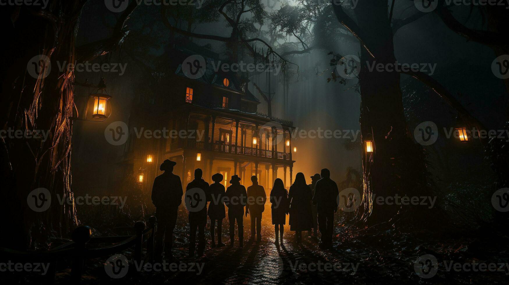 Silhouette von mehrere Menschen Gehen Nieder das Laterne zündete Gehweg auf Halloween Nacht zu ein gespenstisch Haus - - generativ ai. foto
