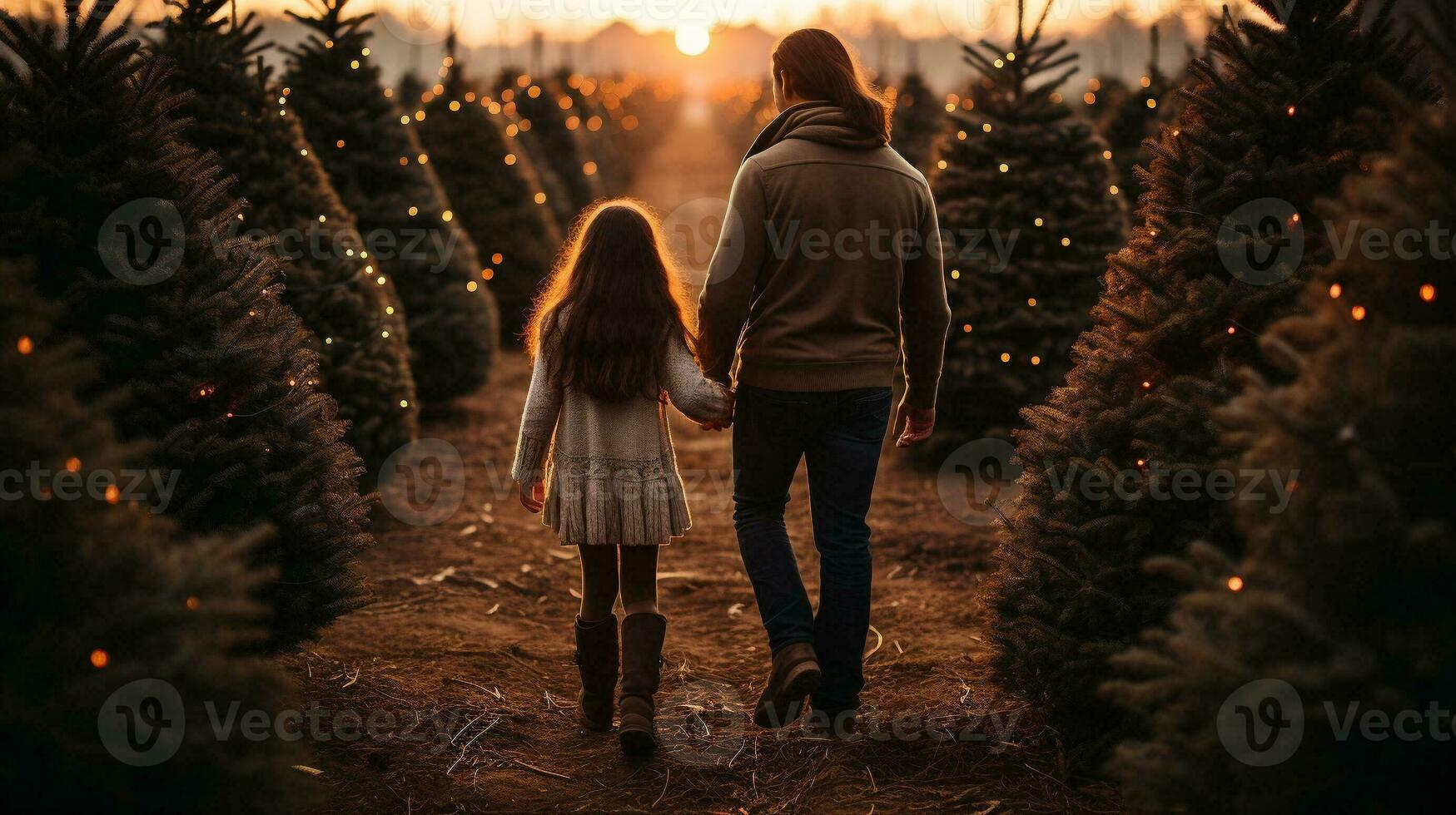 jung Vater und Tochter Gehen zu wählen ein Weihnachten Baum beim das schneebedeckt Bauernhof. generativ ai. foto