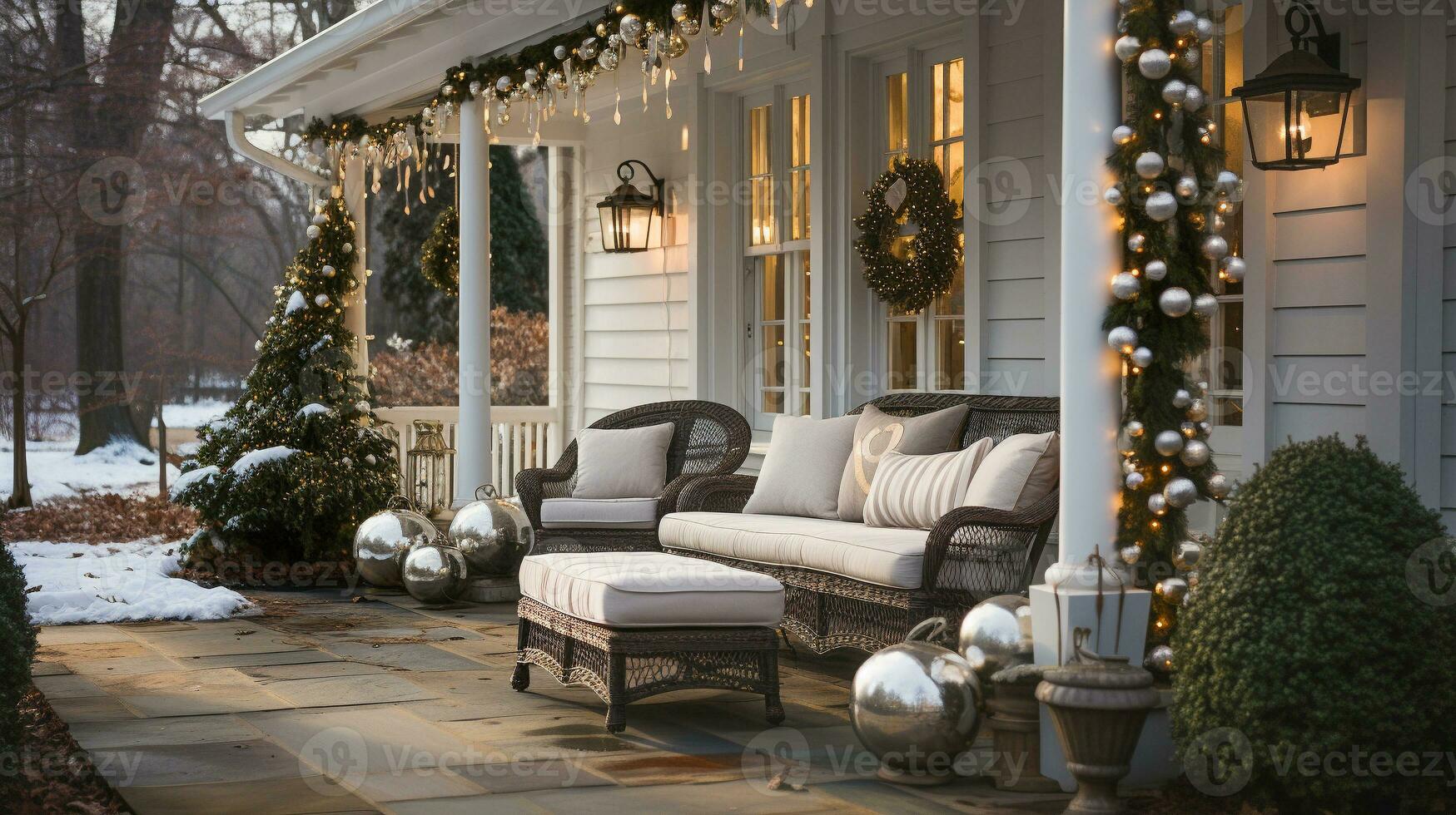 schön Weihnachten dekoriert Vorderseite Tür und Veranda von ein Haus auf ein Winter Abend. generativ ai. foto