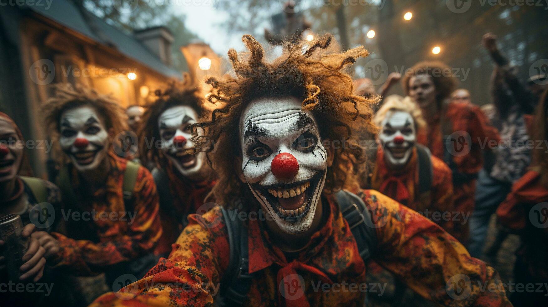 mehrere Jugendliche gekleidet oben wie Clowns zum Halloween Gehen Nieder das Bürgersteig zusammen - - generativ ai. foto