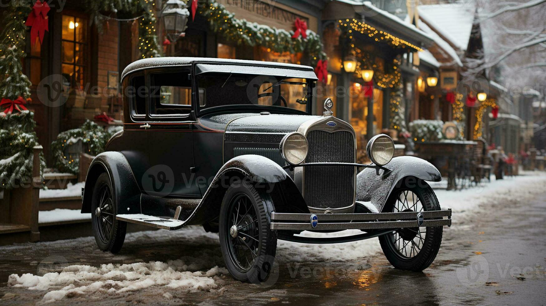klassisch Jahrgang Auto geparkt draußen das festlich Weihnachten dekoriert Geschäfte. generativ ai. foto