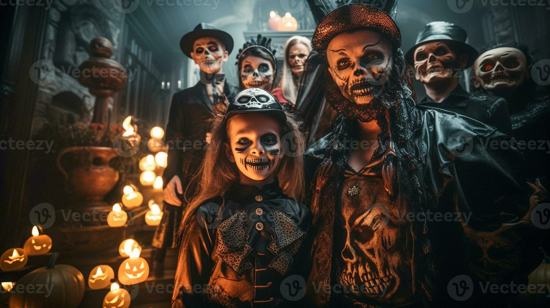 Spaß Familie gekleidet oben zum Halloween zusammen aus im das dekoriert Gegend - - generativ ai. foto