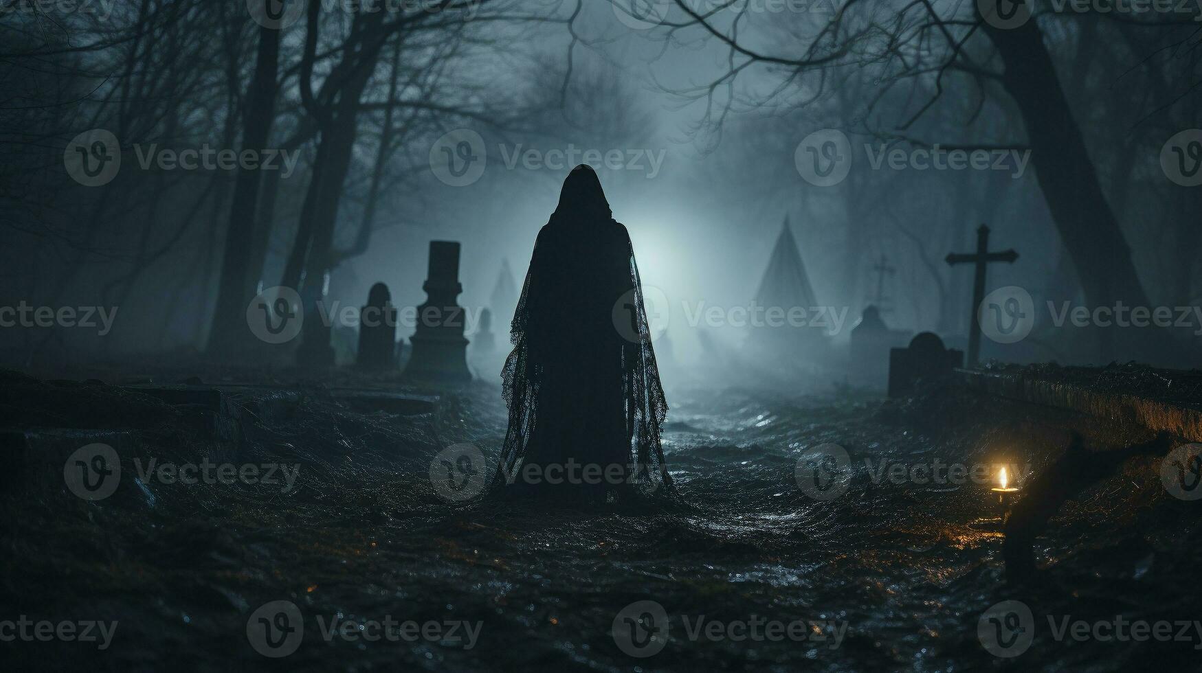 gespenstisch dunkel Zahl Gehen durch das nebelig Nacht im ein Friedhof - - generativ ai. foto