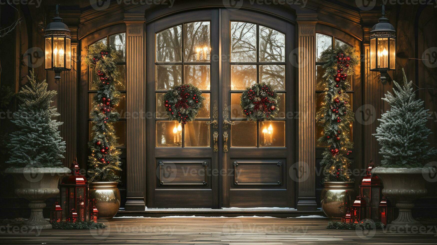 schön Weihnachten dekoriert Vorderseite Tür und Veranda von ein Haus auf ein Winter Abend. generativ ai. foto