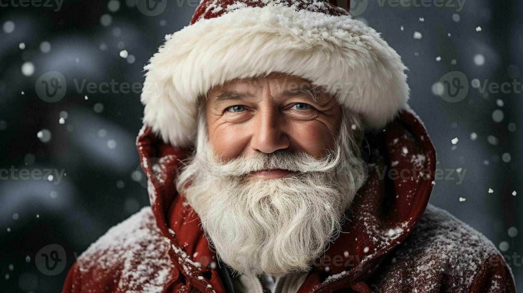 Santa Klausel gekleidet Mann mit Weiß Bart draußen auf ein schneebedeckt Weihnachten Nacht. generativ ai. foto