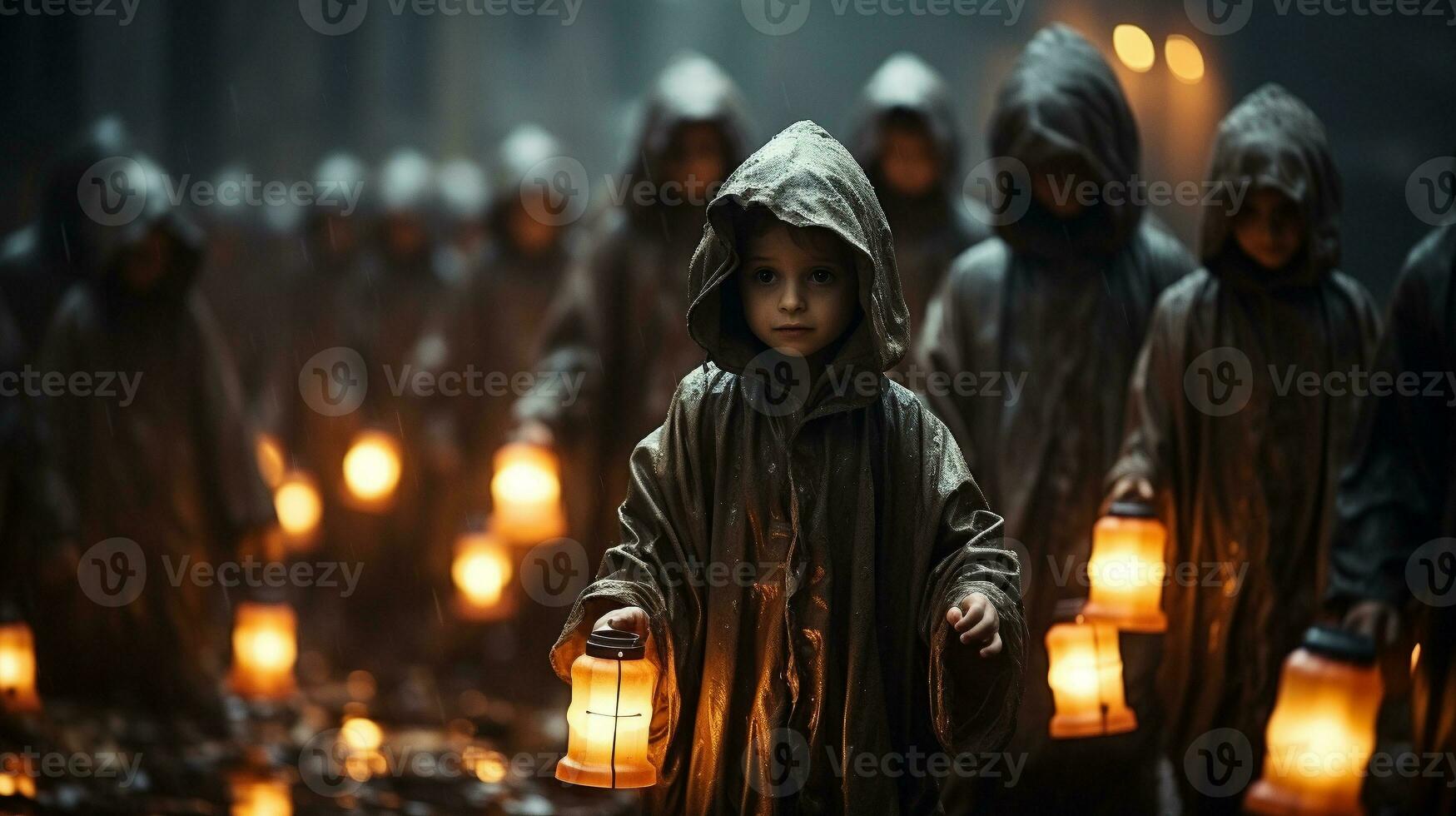 mehrere unheimlich und mysteriös Kinder Tragen Kerze zündete Laternen beim Nacht - - generativ ai. foto