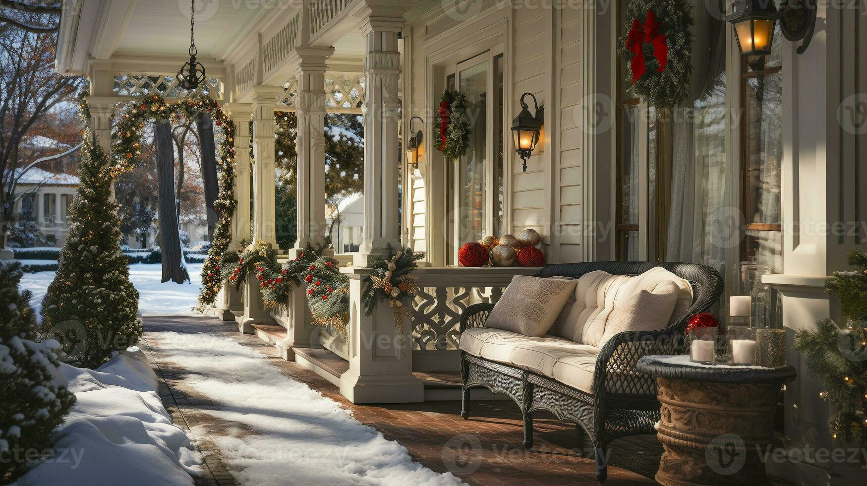 schön Weihnachten dekoriert Vorderseite Tür und Veranda von ein Haus auf ein Winter Abend. generativ ai. foto