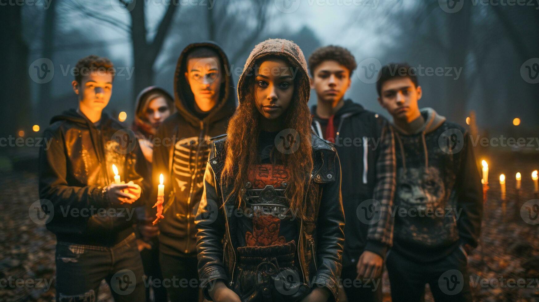 mehrere Goth gekleidet Jugendliche unter Kerzen draußen beim Nacht - - generativ ai. foto
