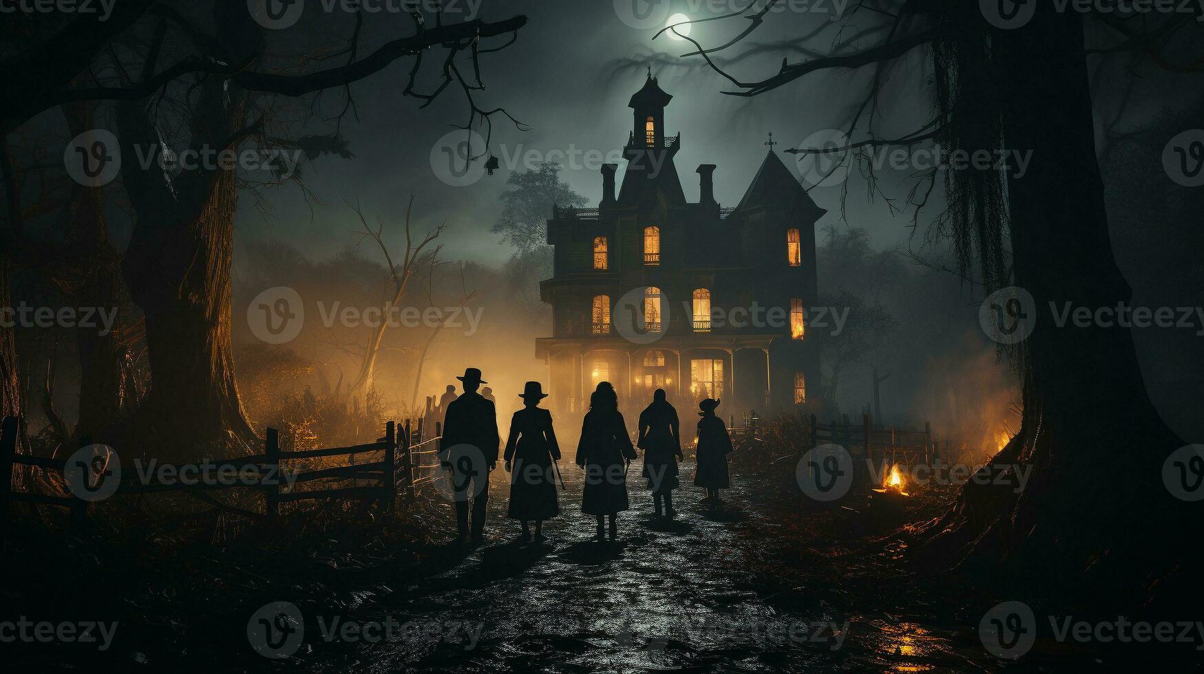 Silhouette von mehrere Menschen Gehen Nieder das Laterne zündete Gehweg auf Halloween Nacht zu ein gespenstisch Haus - - generativ ai. foto