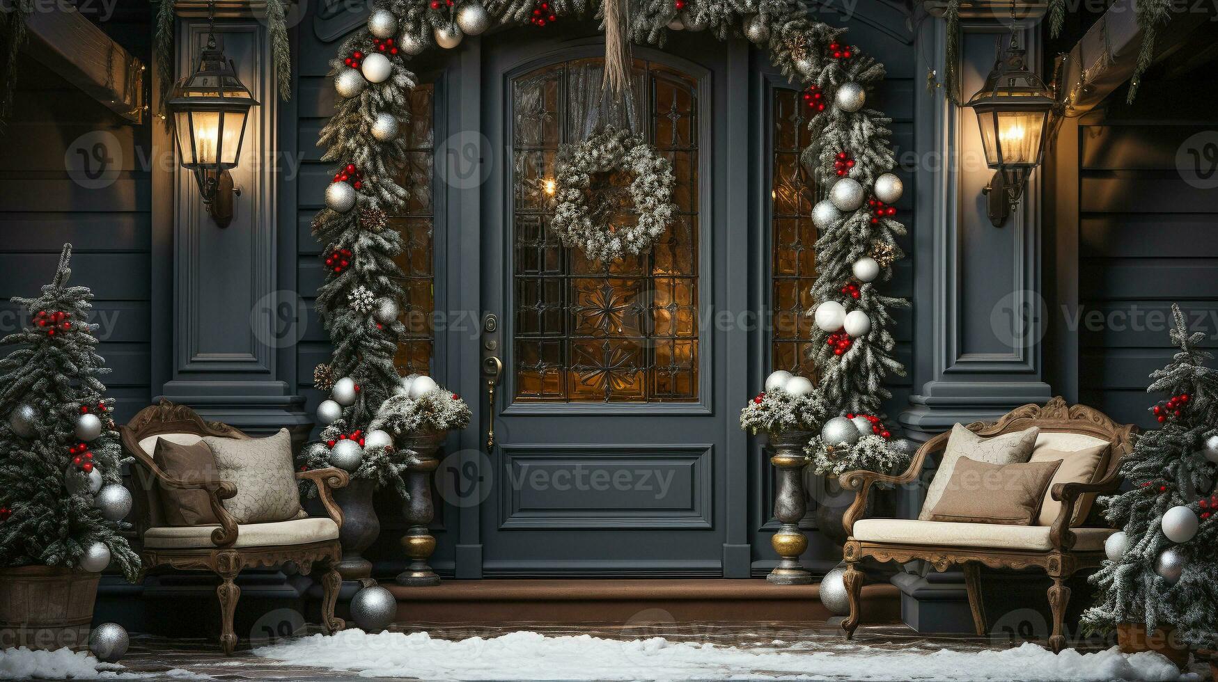 schön Weihnachten dekoriert Vorderseite Tür und Veranda von ein Haus auf ein Winter Abend. generativ ai. foto