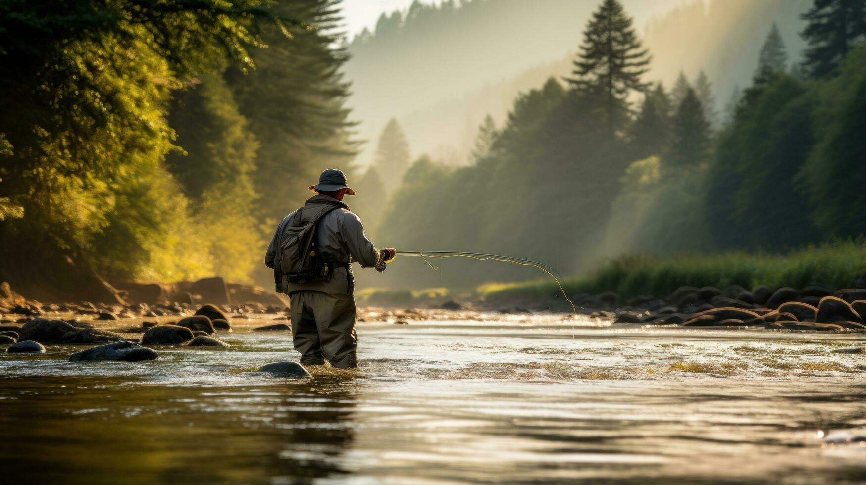 älter Mann fangen ein Fisch während fliegen Angeln im ein Fluss foto