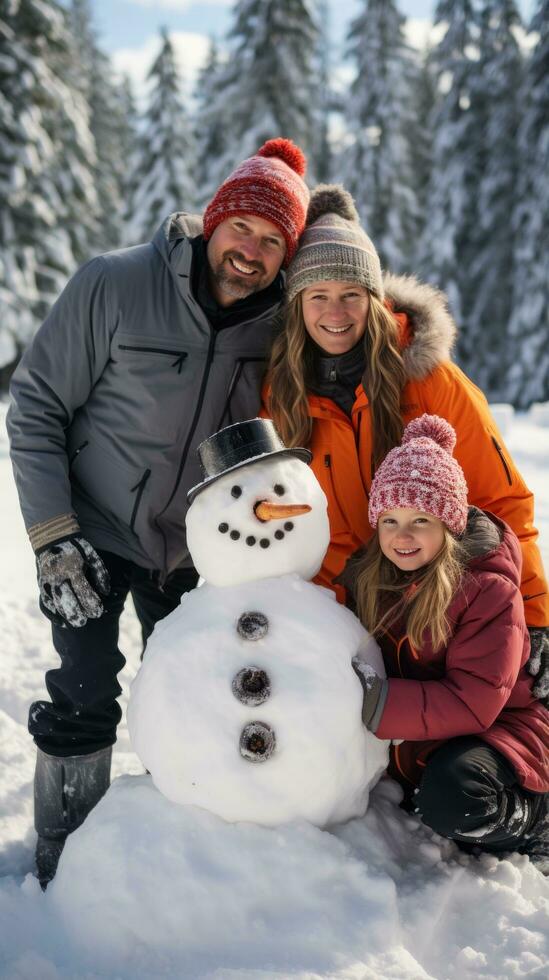 glücklich Familie Gebäude Schneemann im Vorderseite von ihr Zuhause foto