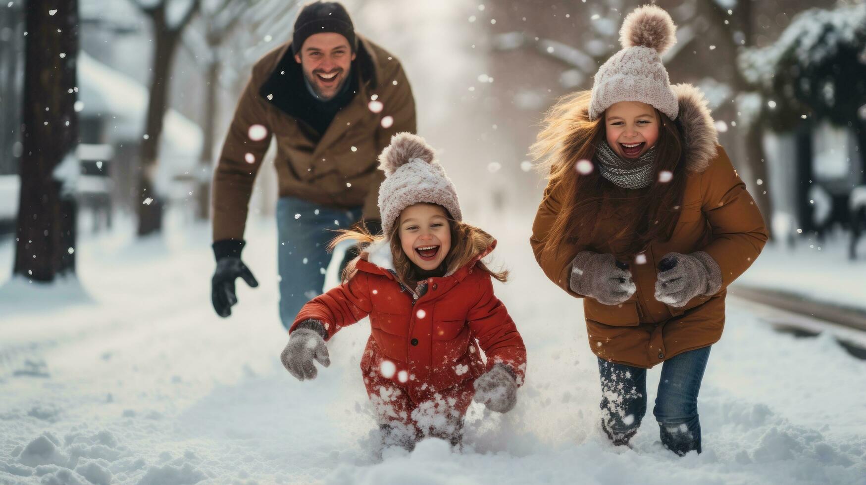 froh Familie haben Schneeball Kampf im Winter Wunderland foto