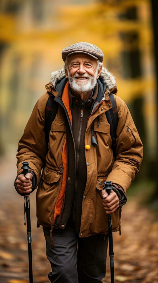 älter Mann Wandern im Natur mit ein Gehen Stock foto