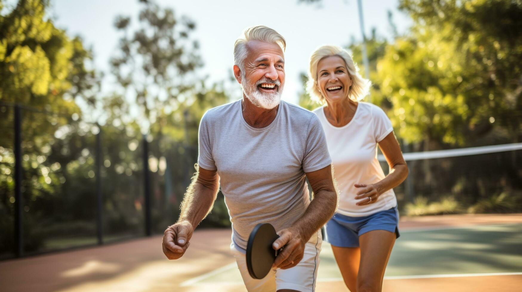 reifen Paar genießen ein Spiel von Pickleball draußen foto