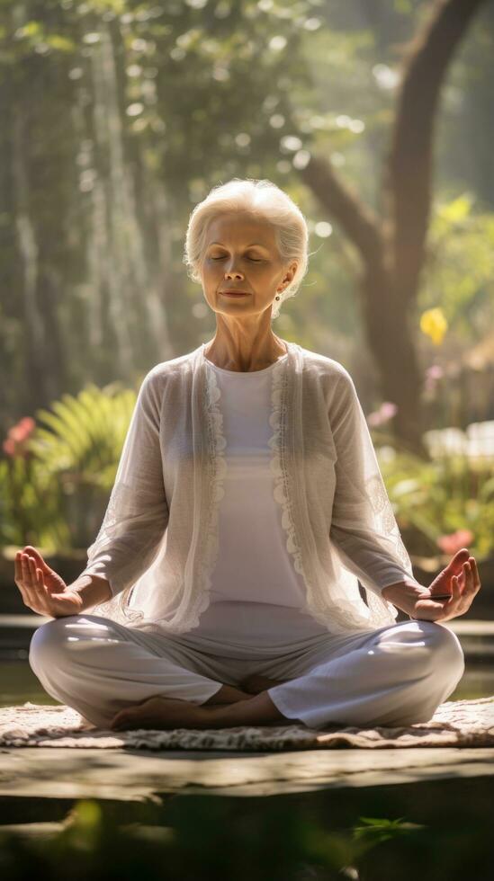 Alten Frau üben Yoga im ein friedlich Garten foto