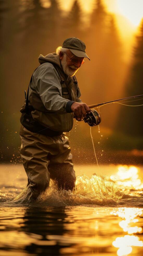 älter Mann fangen ein Fisch während fliegen Angeln im ein Fluss foto
