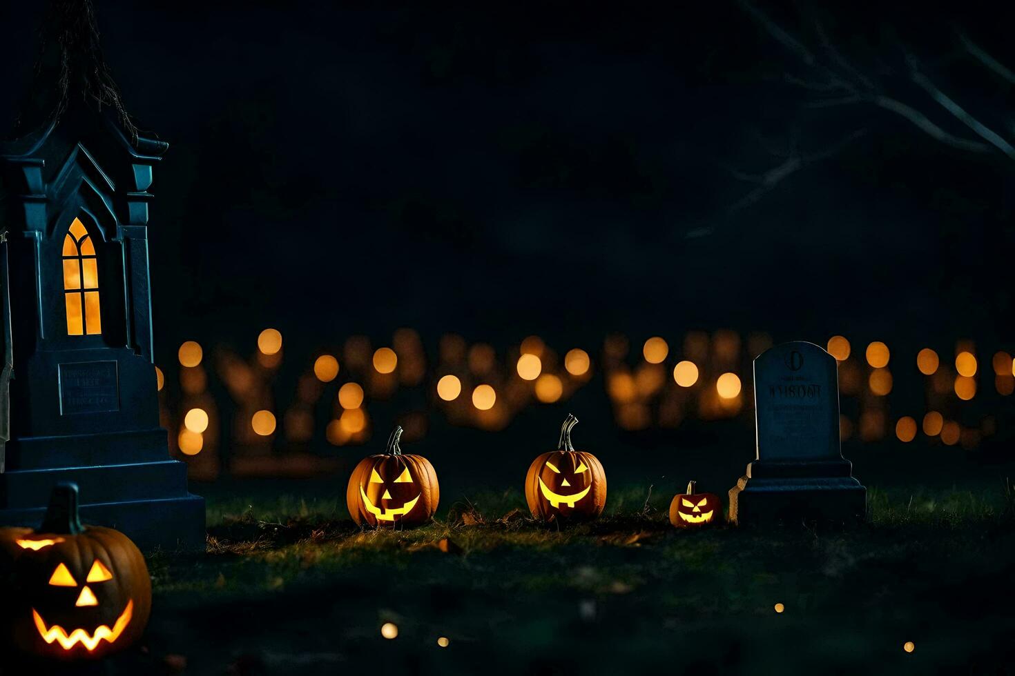 Halloween Kürbisse im ein Friedhof mit ein Friedhof. KI-generiert foto
