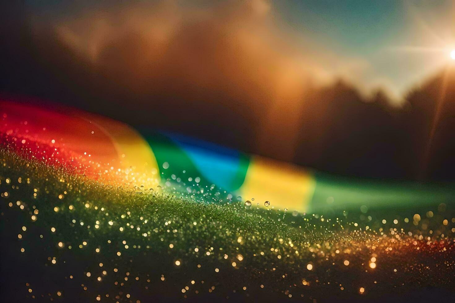 Regenbogen Flagge auf Gras mit Sonne leuchtenden. KI-generiert foto