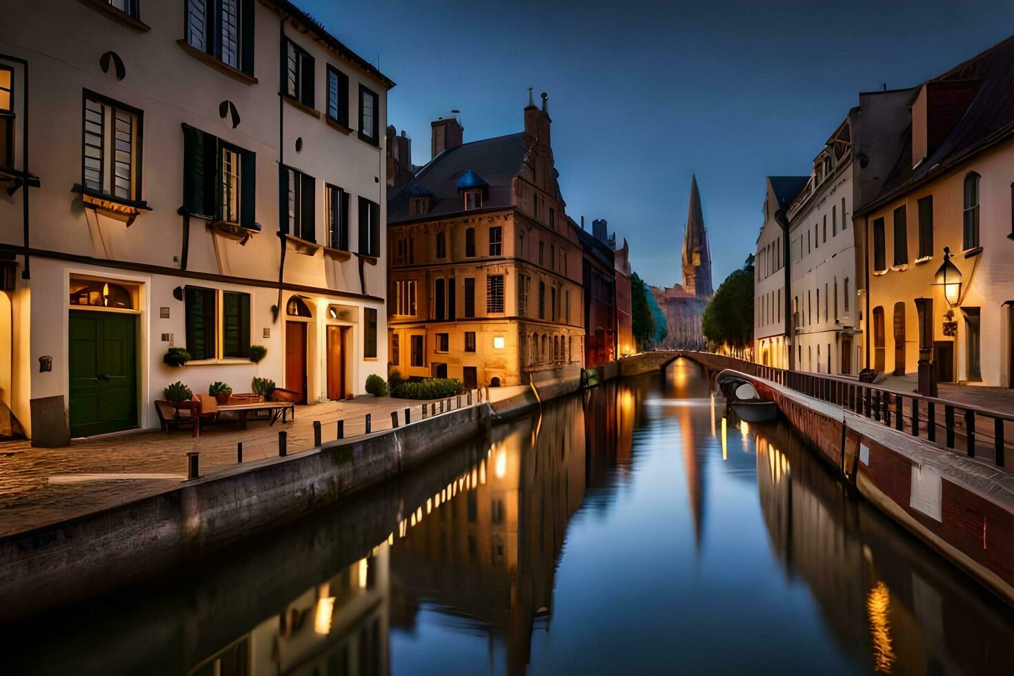 ein Kanal im ein Stadt beim Nacht mit Gebäude und Wasser. KI-generiert foto