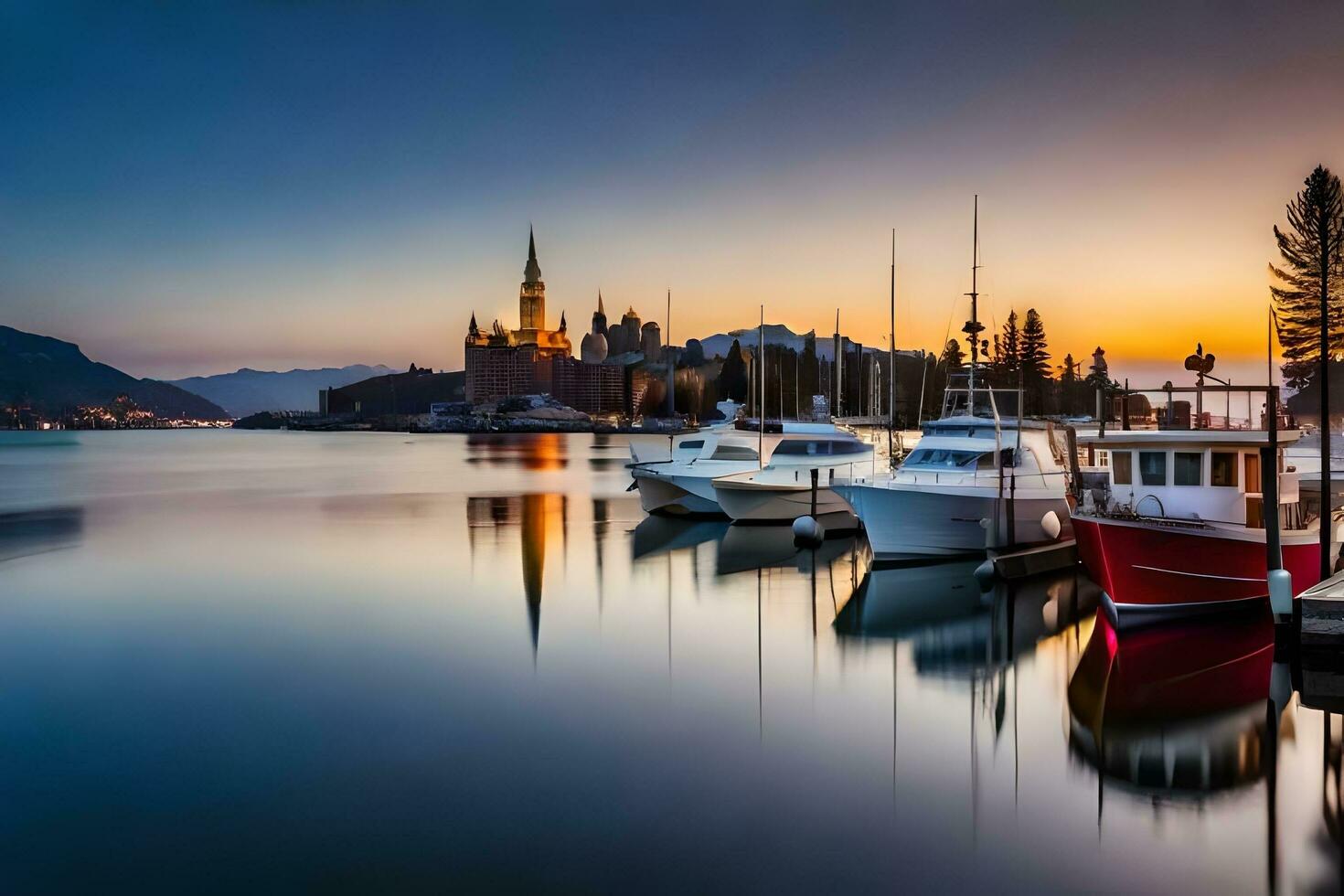 Boote angedockt beim ein Dock im Vorderseite von ein Schloss. KI-generiert foto