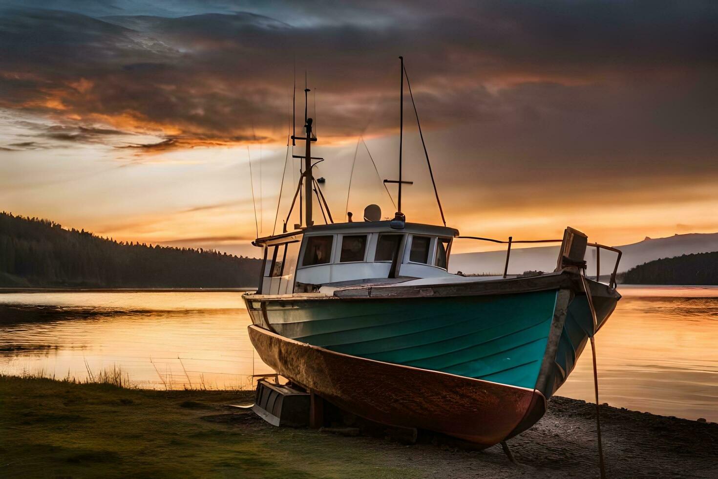 ein Boot sitzt auf das Ufer beim Sonnenuntergang. KI-generiert foto