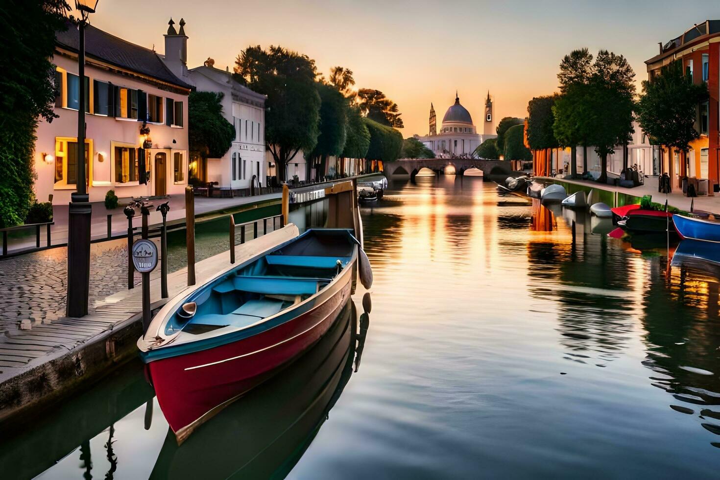 ein Boot ist angedockt im ein Kanal beim Sonnenuntergang. KI-generiert foto