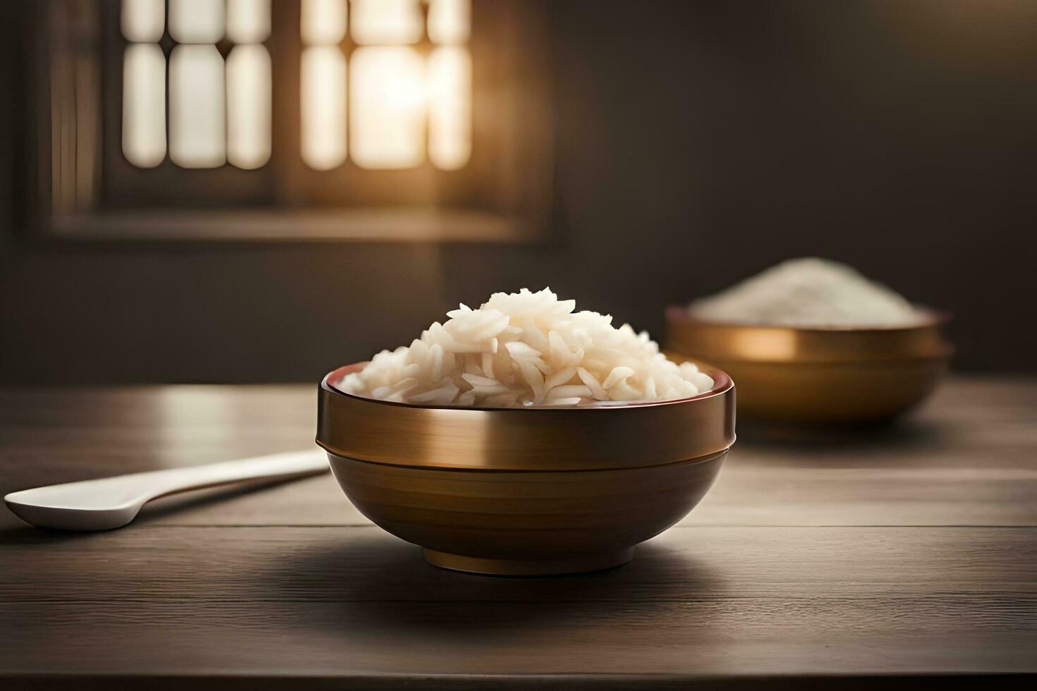 Reis im Schüssel und Löffel auf hölzern Tisch. KI-generiert foto