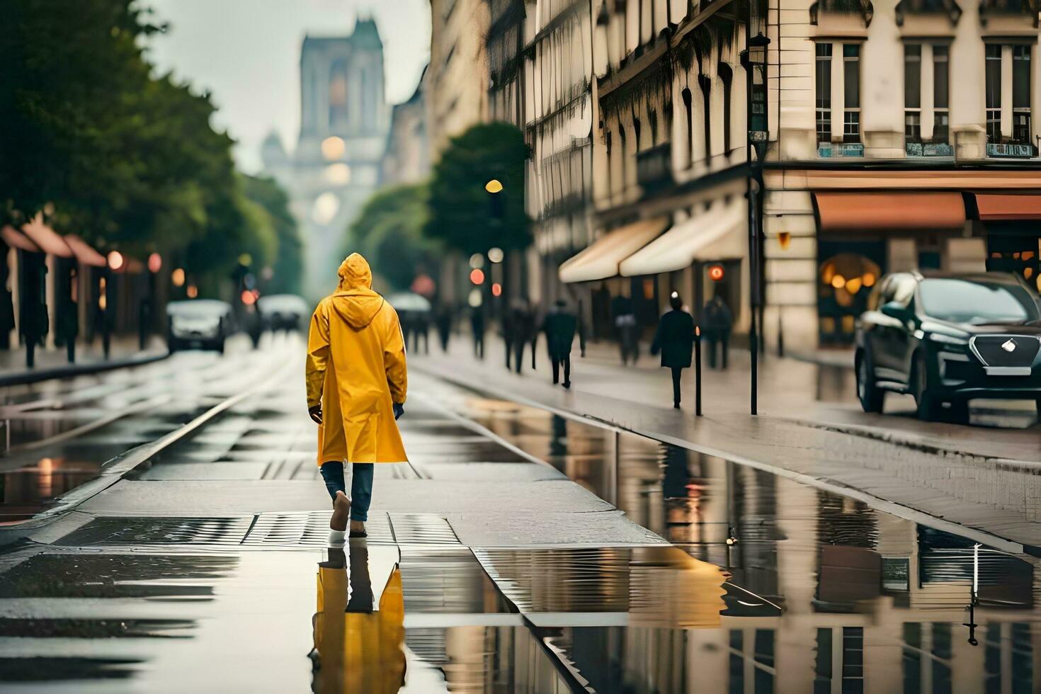 ein Person Gehen im das Regen auf ein Stadt Straße. KI-generiert foto