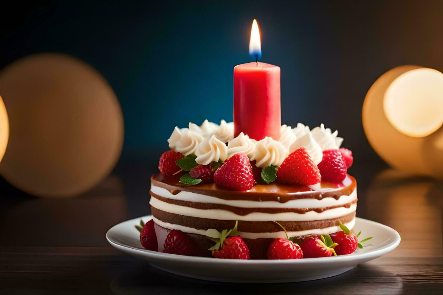 Geburtstag Kuchen mit Kerzen und Erdbeeren auf ein hölzern Tisch. KI-generiert foto