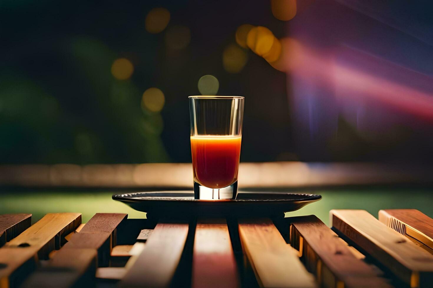 ein Glas von Orange Saft Sitzung auf oben von ein hölzern Tisch. KI-generiert foto