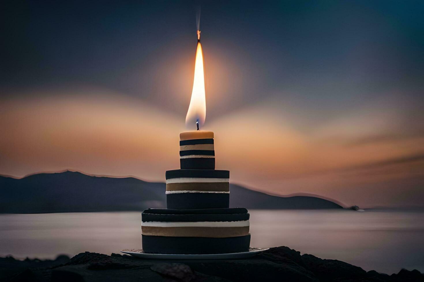 ein Kuchen mit ein zündete Kerze auf oben von ein Felsen. KI-generiert foto