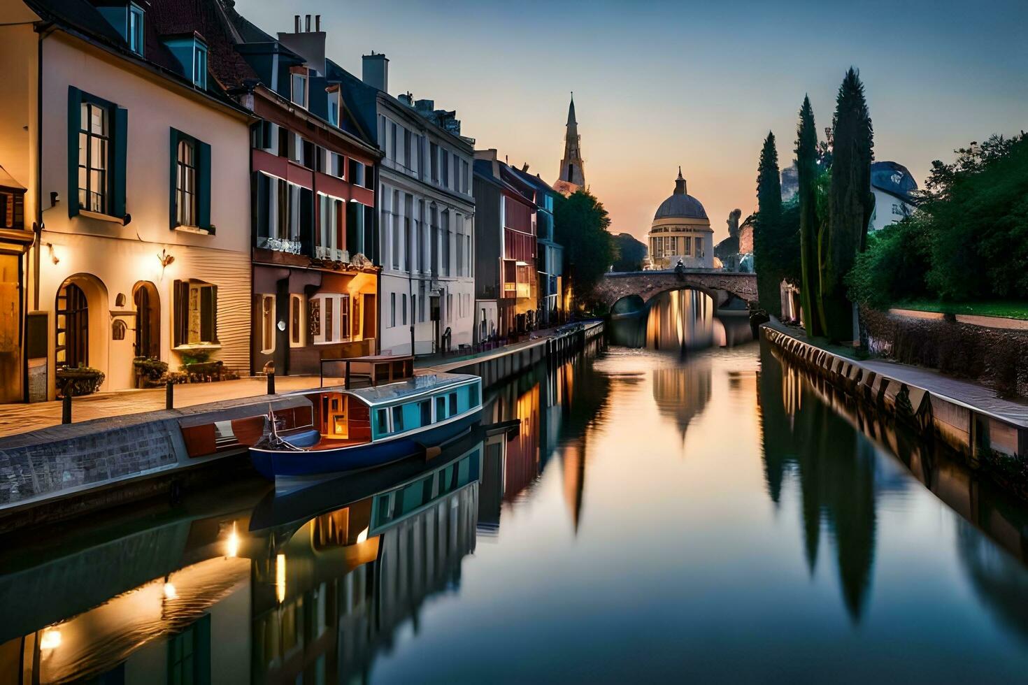 ein Kanal im das Mitte von ein Stadt mit Gebäude und Boote. KI-generiert foto