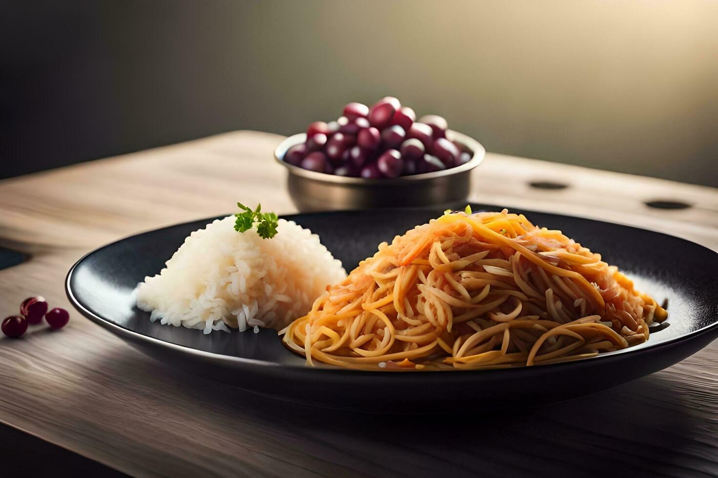 ein Teller mit Spaghetti und Reis auf ein hölzern Tisch. KI-generiert foto