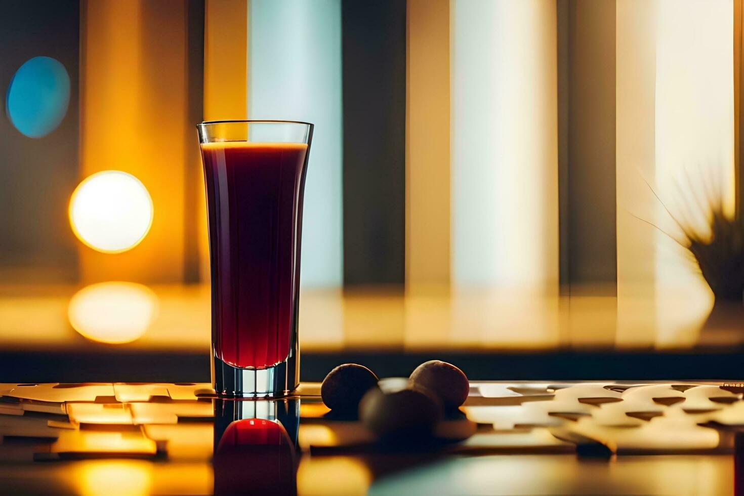 ein Glas von rot Flüssigkeit Sitzung auf ein Tisch. KI-generiert foto