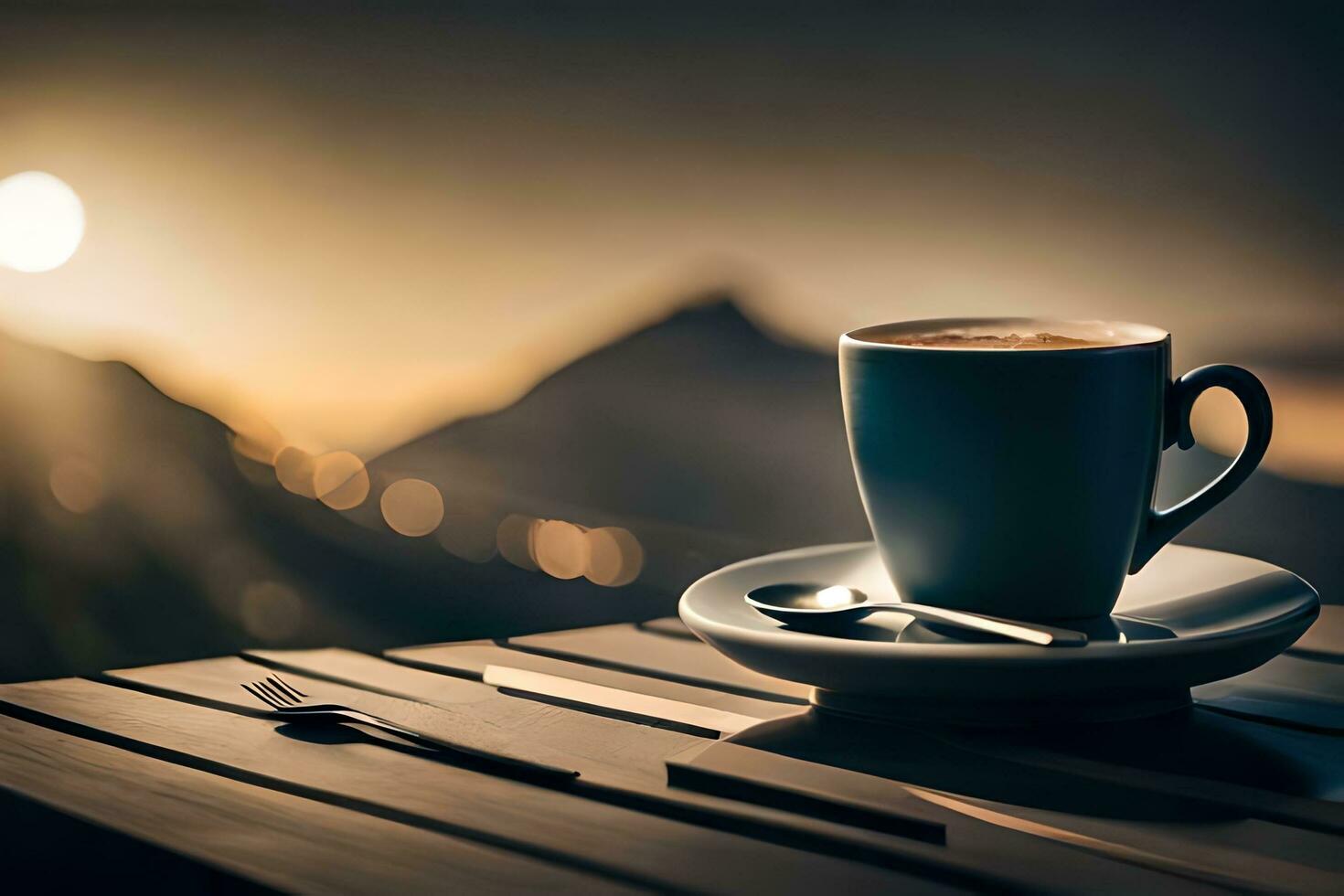Kaffee Tasse auf Tabelle mit Berge im Hintergrund. KI-generiert foto