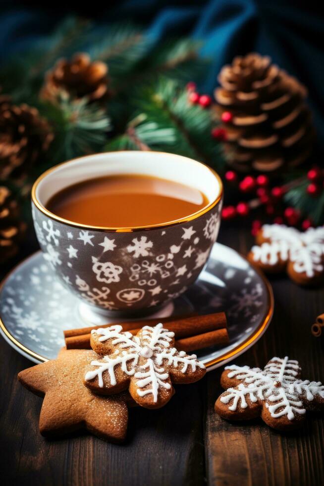 Weihnachten Kekse. köstlich behandelt, festlich Dekorationen, und ein Tasse von Kakao foto