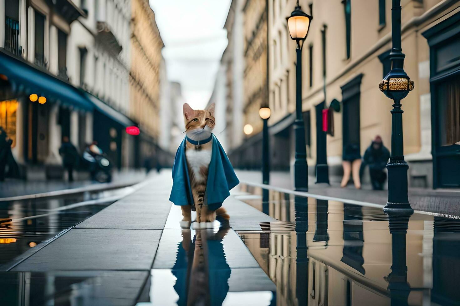 ein Katze im ein Blau Mantel Stehen auf ein nass Straße. KI-generiert foto