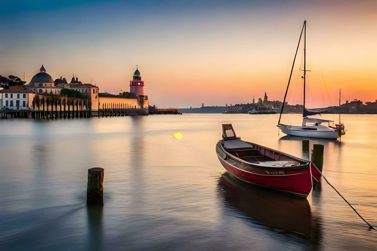 ein Boot ist angedockt beim das Ufer von ein Fluss. KI-generiert foto