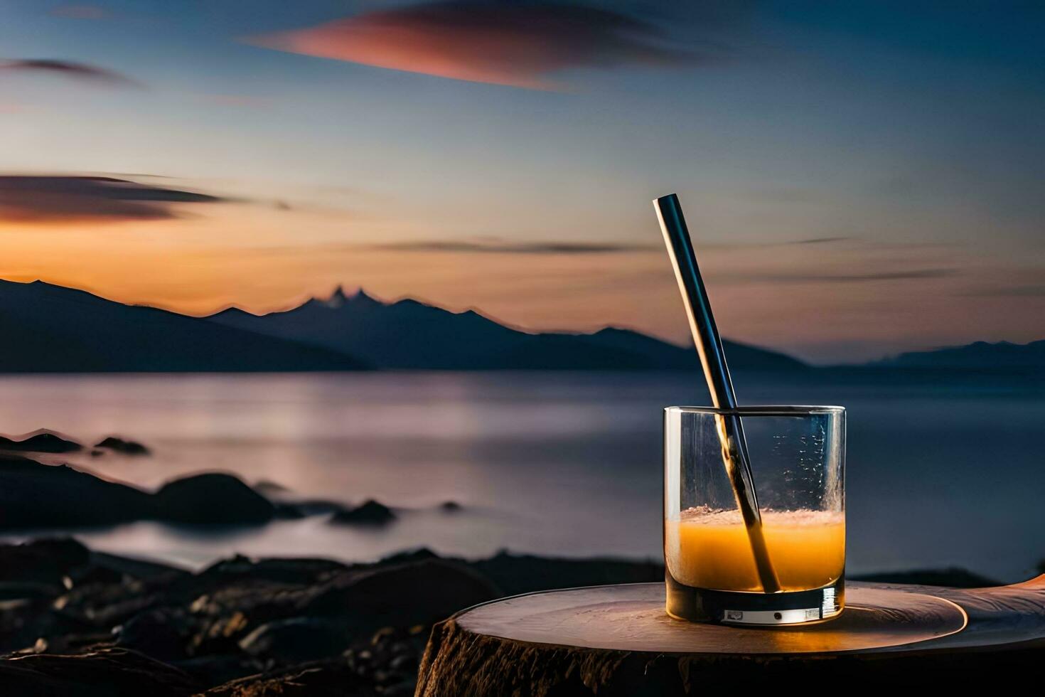 ein Glas von Orange Saft mit ein Stroh Sitzung auf ein Protokoll. KI-generiert foto