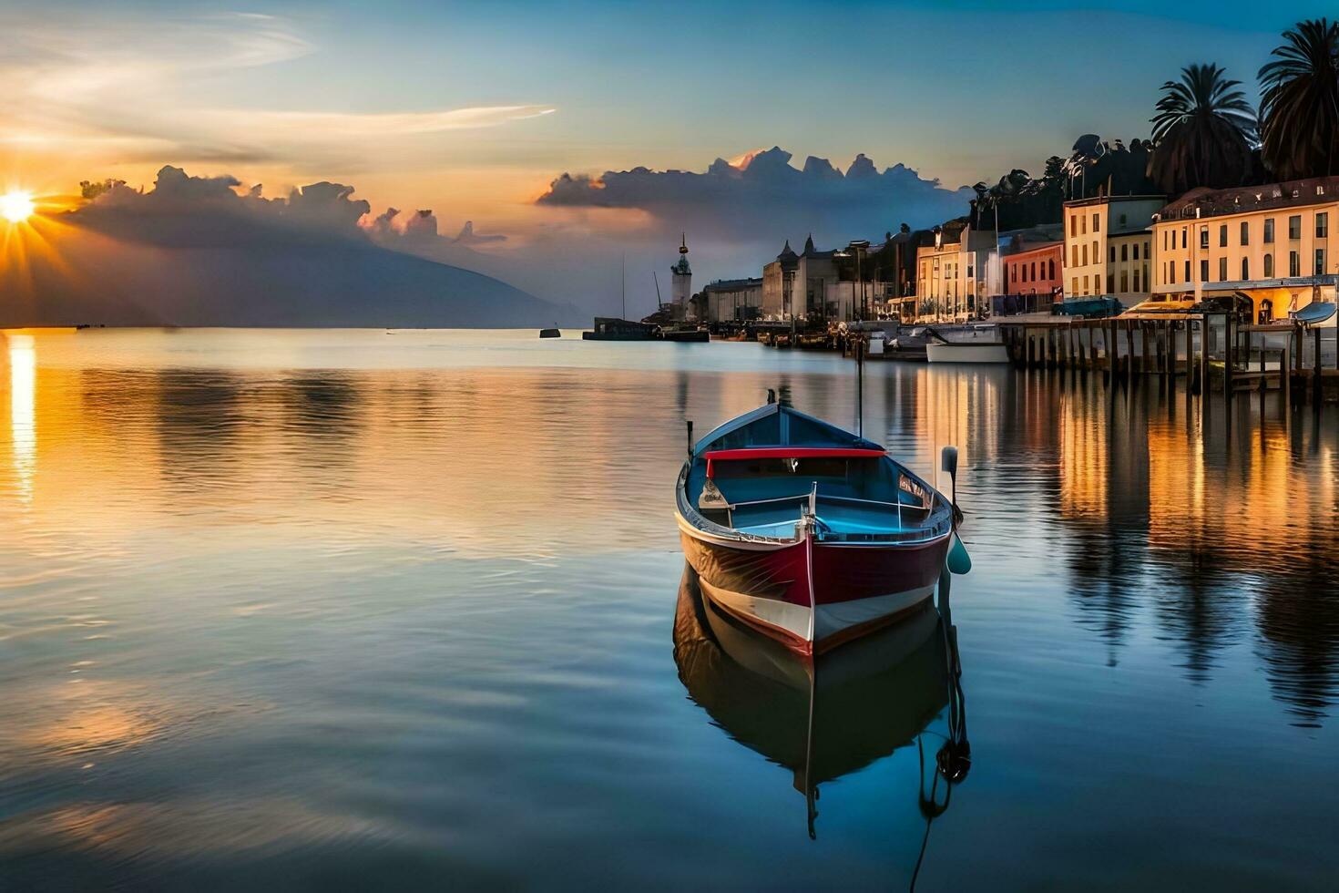 ein Boot sitzt auf das Wasser beim Sonnenuntergang. KI-generiert foto