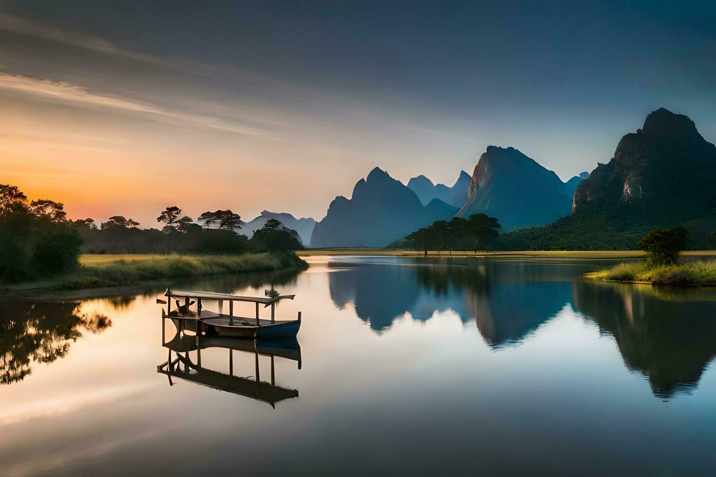 ein Boot sitzt auf das Wasser beim Sonnenuntergang im Vorderseite von Berge. KI-generiert foto