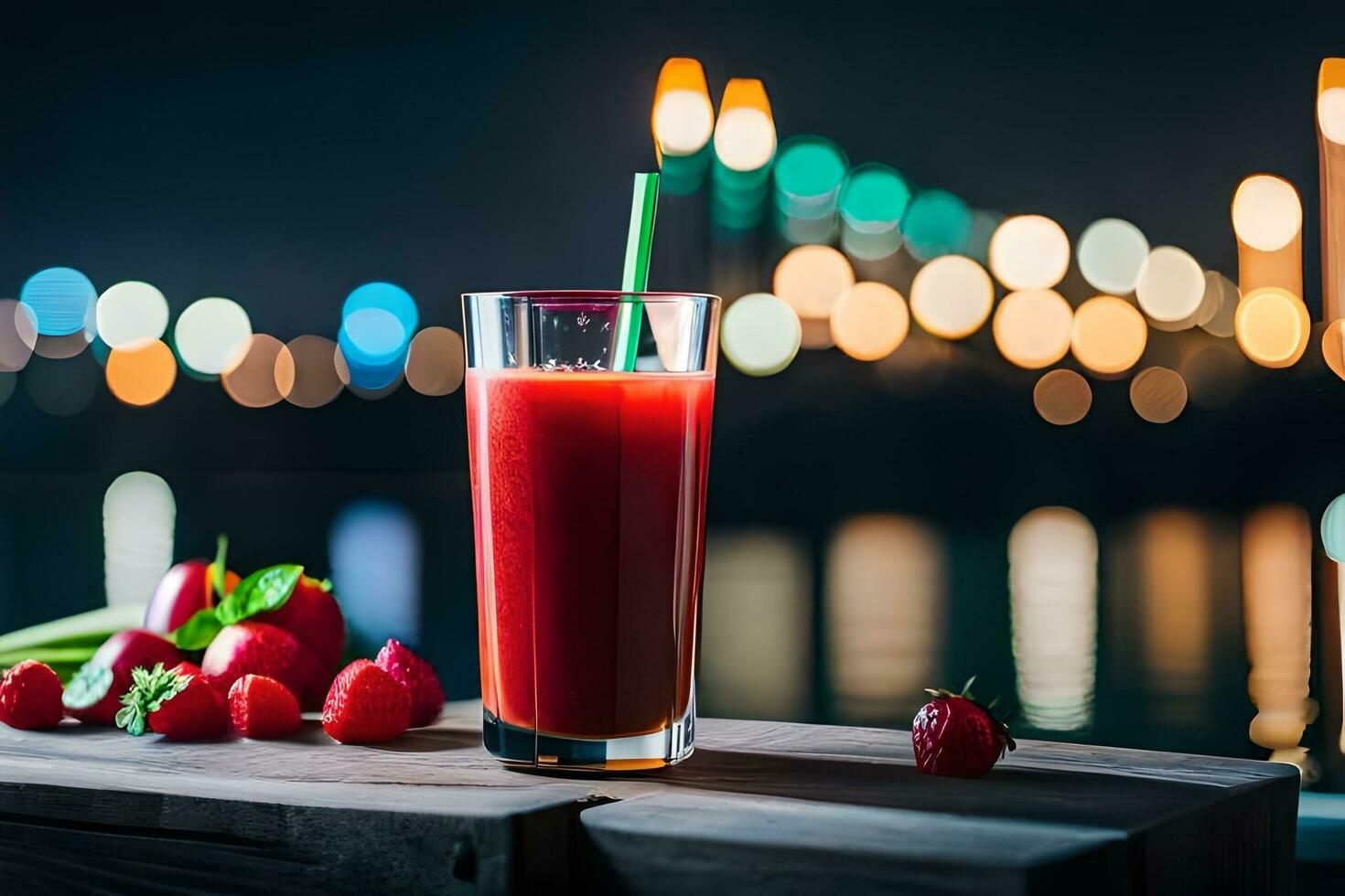 ein Glas von rot Saft mit Erdbeeren auf ein Tisch. KI-generiert foto