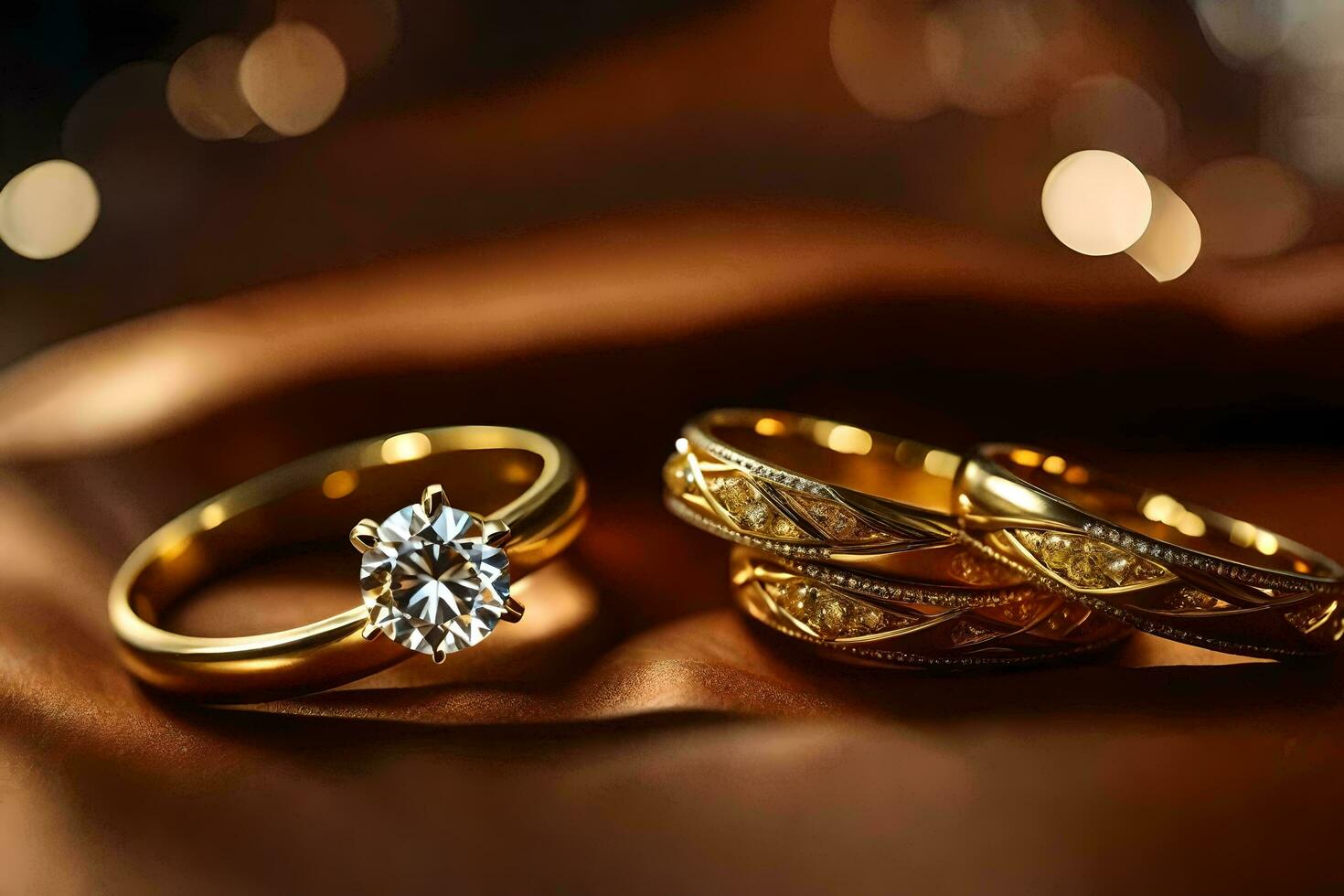 Gold Hochzeit Ringe mit Diamant. KI-generiert foto