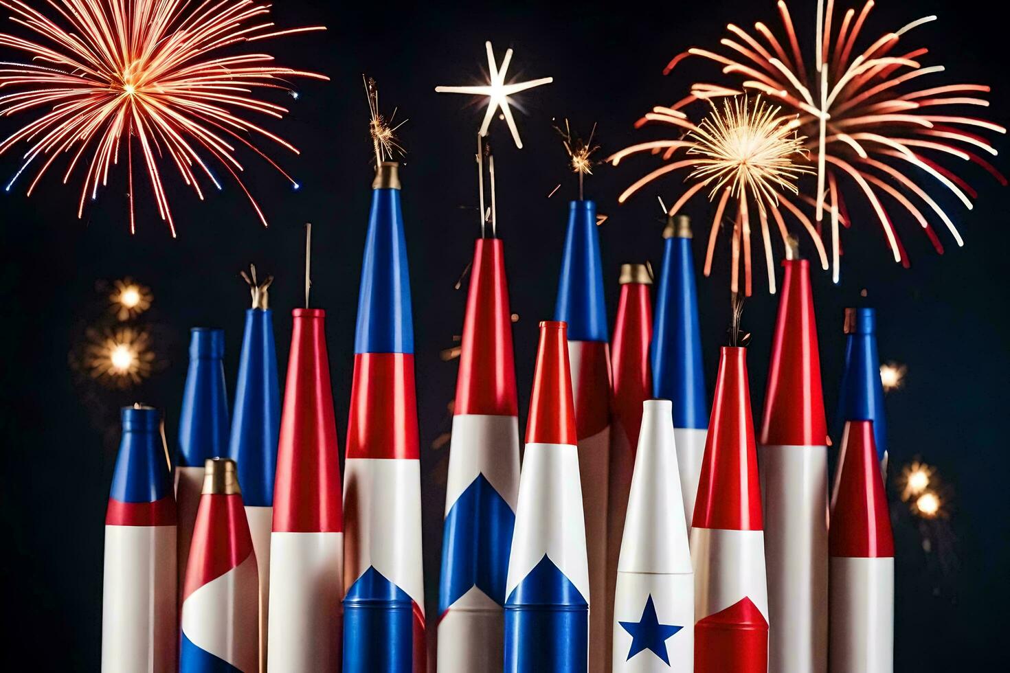 Feuerwerk und Raketen sind im das gestalten von das amerikanisch Flagge. KI-generiert foto